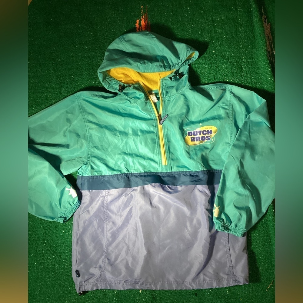 Dutch Bros Teal and Gray Hooded wind Jacket-kangaroo zip pocket-SZ Small